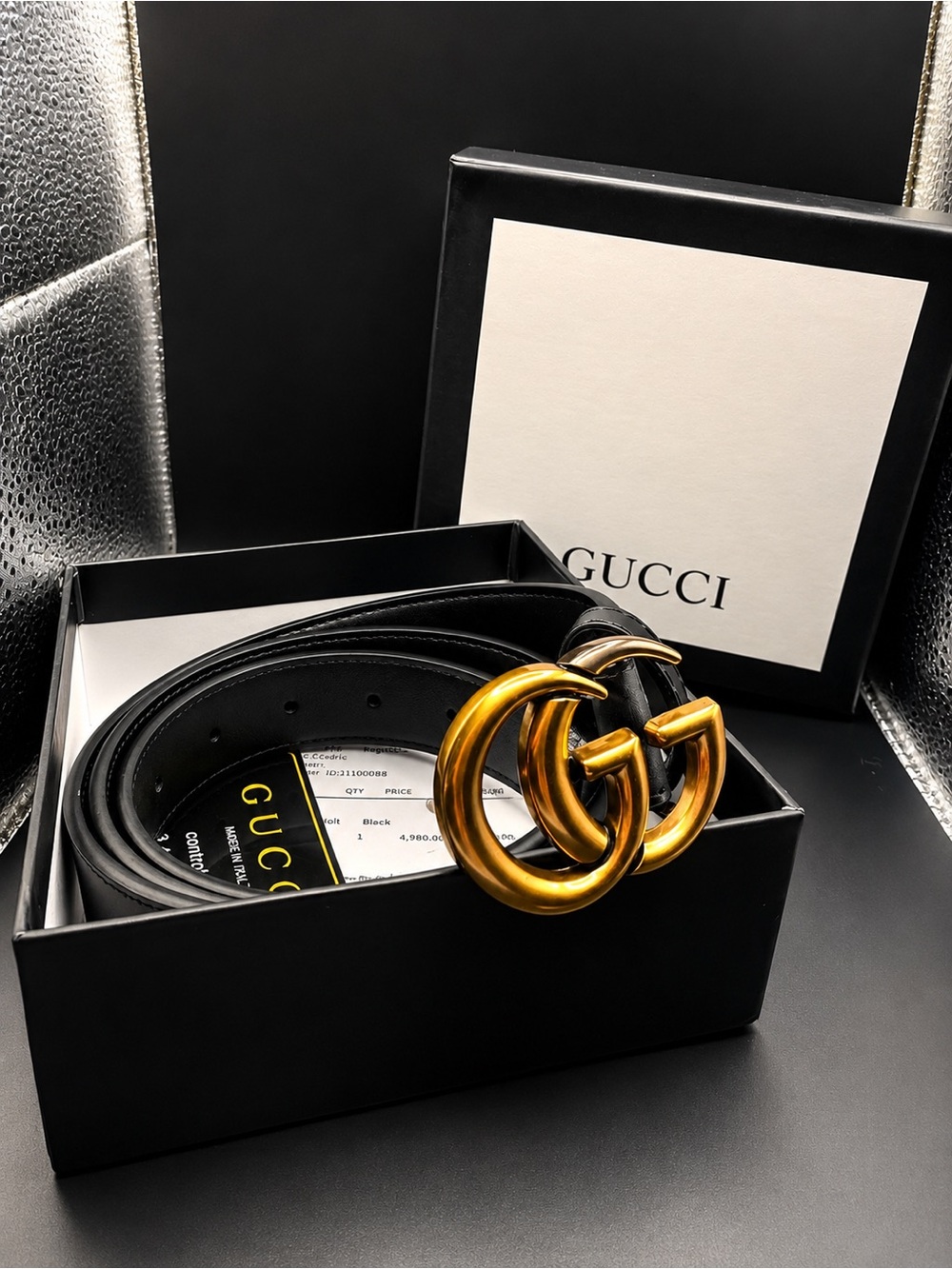 Black Leather Belt with Gold Double G Buckle